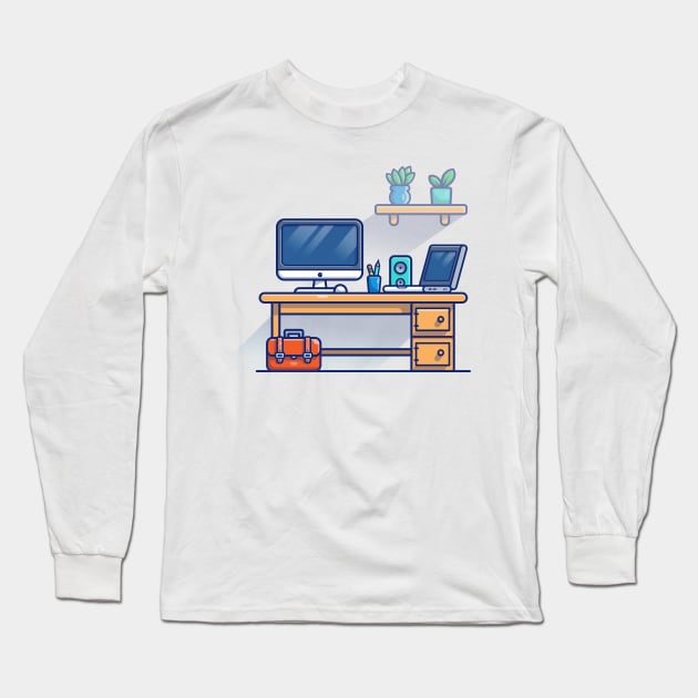 Desk, Monitor, Mouse, Stationary, Laptop, Speaker, Workbag And Plants Cartoon Long Sleeve T-Shirt by Catalyst Labs